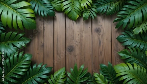 Fototapeta Tropical Leaves Frame on Wooden Background with Natural Green Foliage Border for Summer and Exotic Design