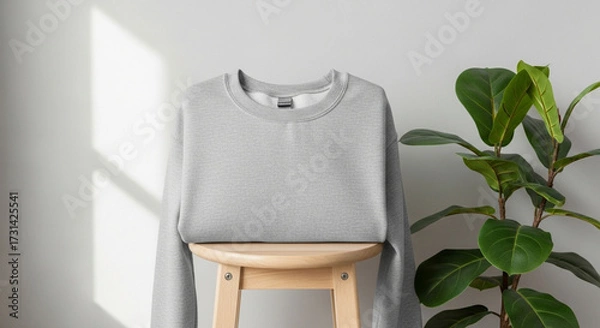 Fototapeta Gray Sweatshirt Mockup on Wooden Stool with Fiddle-Leaf Fig Plant and Sunlight Shadow
