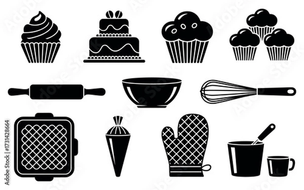 Fototapeta Collection of baking utensils and desserts silhouettes icon set for culinary arts and sweet treats