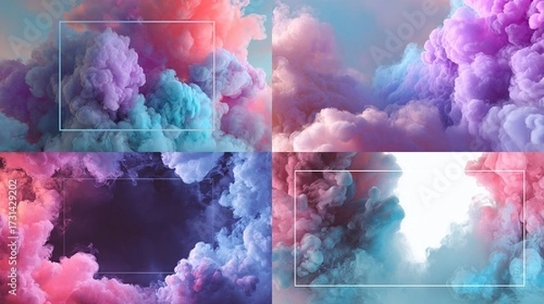 Fototapeta Four abstract renderings of vibrant colorful clouds with smoke and geometric framing.