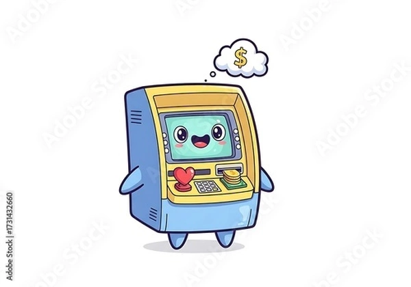 Fototapeta Cartoon Atm Machine Character with Money Thought Bubble