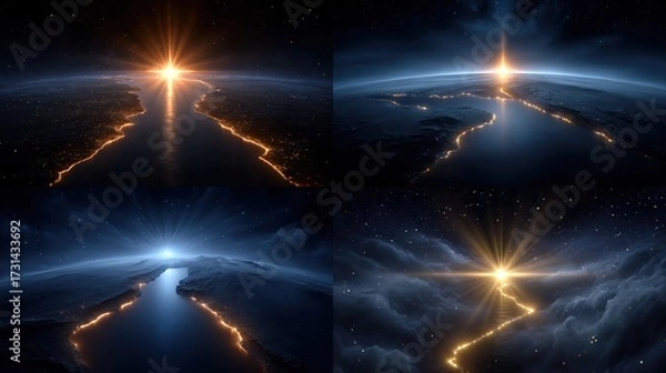 Fototapeta Aerial view, shining light beam piercing the atmosphere over the planet Earth surface.