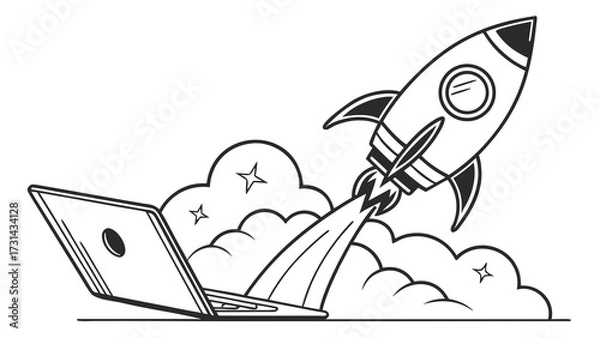 Fototapeta Laptop launching a rocket through clouds and stars illustration in black and white style drawing