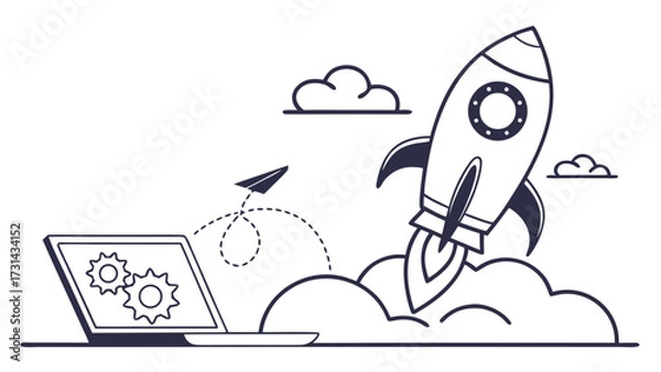 Fototapeta Illustration of a laptop with gears on the screen and a rocket launching with a paper airplane nearby