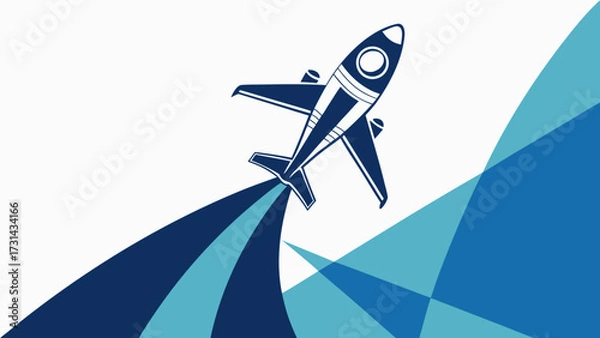 Fototapeta Illustration of a dark blue airplane taking off with blue abstract shapes in the background design