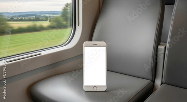 Fototapeta Smartphone blank white screen on empty train seat travel with fast motion blur