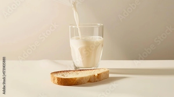 Fototapeta A Warm Breakfast of Fresh Milk Paired With Crispy Toast—Golden-Brown Baked Bread, Smooth Milk, and a Simple Yet Nutritious Morning Meal Perfect for Starting the Day With Energy
