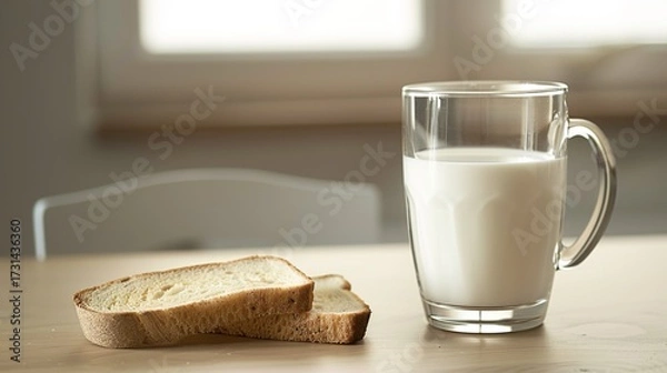 Fototapeta A Warm Breakfast of Fresh Milk Paired With Crispy Toast—Golden-Brown Baked Bread, Smooth Milk, and a Simple Yet Nutritious Morning Meal Perfect for Starting the Day With Energy