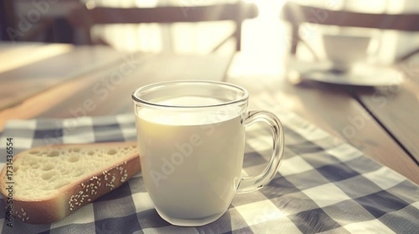 Fototapeta A Warm Breakfast of Fresh Milk Paired With Crispy Toast—Golden-Brown Baked Bread, Smooth Milk, and a Simple Yet Nutritious Morning Meal Perfect for Starting the Day With Energy