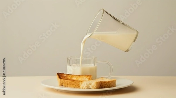 Fototapeta A Warm Breakfast of Fresh Milk Paired With Crispy Toast—Golden-Brown Baked Bread, Smooth Milk, and a Simple Yet Nutritious Morning Meal Perfect for Starting the Day With Energy