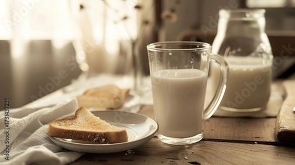 Fototapeta A Warm Breakfast of Fresh Milk Paired With Crispy Toast—Golden-Brown Baked Bread, Smooth Milk, and a Simple Yet Nutritious Morning Meal Perfect for Starting the Day With Energy