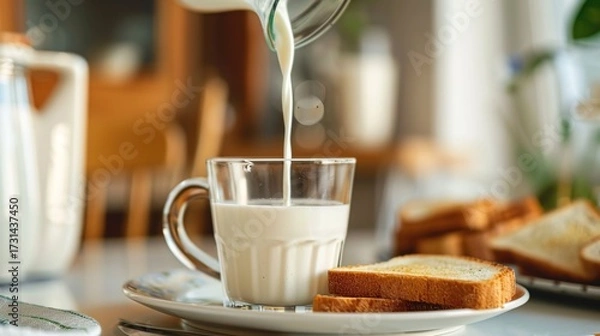 Fototapeta A Warm Breakfast of Fresh Milk Paired With Crispy Toast—Golden-Brown Baked Bread, Smooth Milk, and a Simple Yet Nutritious Morning Meal Perfect for Starting the Day With Energy