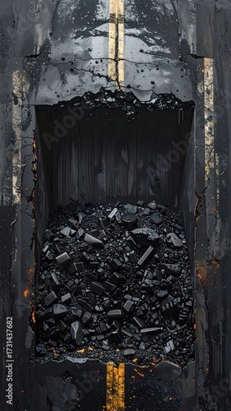Fototapeta Asphalt box filled with dark rocks, yellow lines