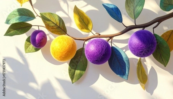 Fototapeta Stylized fruit on branch, with vibrant leaf color variations