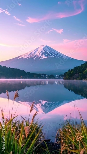 Fototapeta Snow-capped mountain reflects in serene lake at dawn