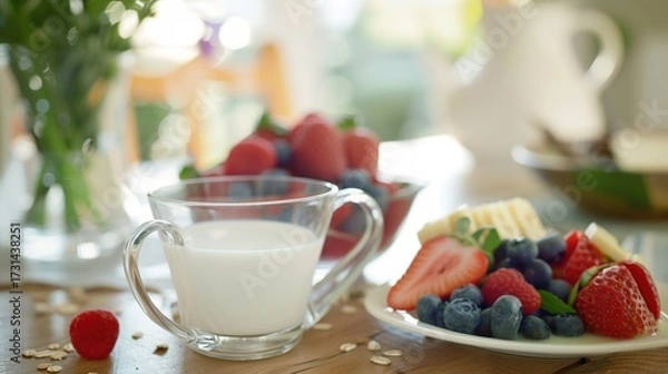 Fototapeta A Warm Breakfast of Fresh Milk Paired With Crispy Toast—Golden-Brown Baked Bread, Smooth Milk, and a Simple Yet Nutritious Morning Meal Perfect for Starting the Day With Energy