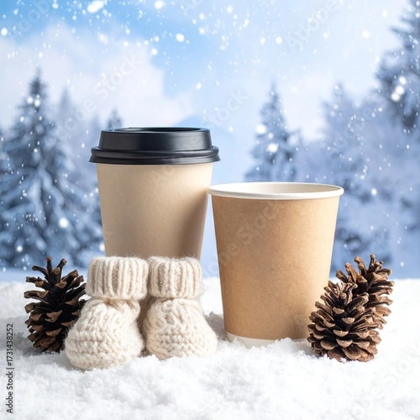 Fototapeta Winter scene paper cups, booties, pine cones, snowy backdrop