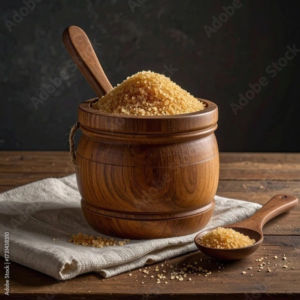 Fototapeta Brown sugar overflows from a wood pot; spoons flank it