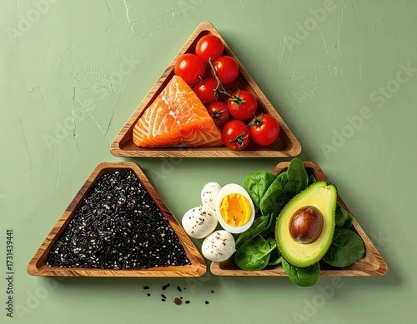 Fototapeta Healthy food in triangular bowls on green background