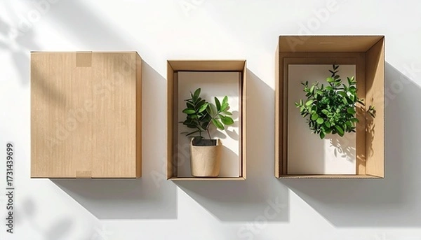 Fototapeta Three boxes, two hold plants, set against a white wall