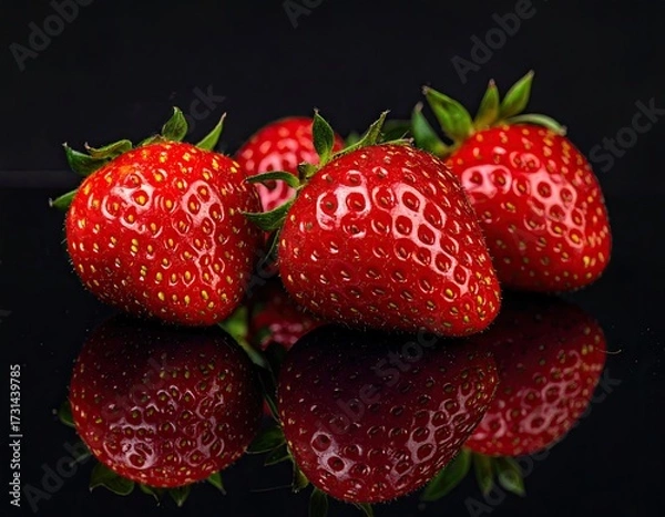 Fototapeta Red strawberries reflecting, on black, glossy surface