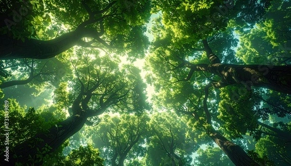 Fototapeta Canopy view up, tall trees, bright sky, dreamy