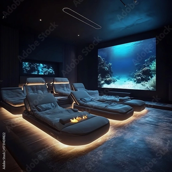 Fototapeta Immerse yourself in cinematic bliss within a lavish home theater, complete with reclining seats, ambient lighting, and a captivating underwater view