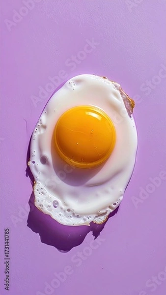 Obraz Fried egg on light purple backdrop, bright sunlight