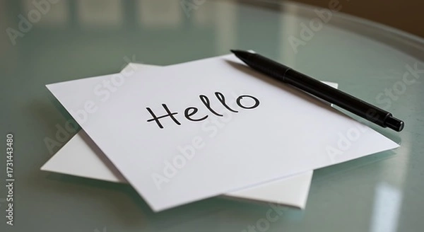 Obraz Simple hello note with pen on reflective surface