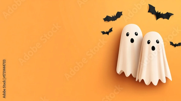 Fototapeta Two playful ghost figures with surprised expressions on an orange background, surrounded by black bats, creating a festive Halloween atmosphere