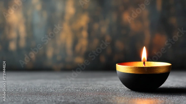 Fototapeta Decorative oil lamp with a flickering flame on a textured surface, creating a warm ambiance for Diwali celebrations and festive occasions