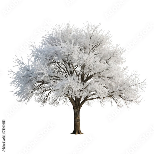 Fototapeta Winter's embrace: A majestic deciduous tree heavily frosted against a stark black backdrop
