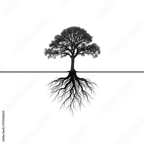 Fototapeta Symmetrical tree composition with prominent roots and a reflective effect in monochrome