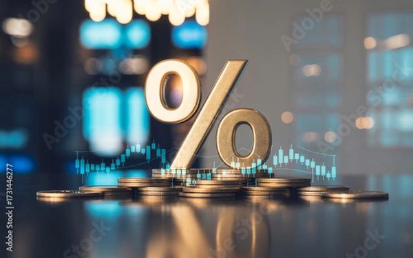 Fototapeta A golden percentage symbol resting on a pile of coins with a financial chart in the background, 32k resolution