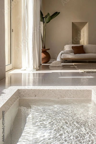 Fototapeta Spacious indoor area featuring a tranquil water feature and minimalist décor in soft natural light