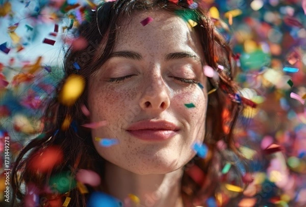 Fototapeta A beautiful woman with freckles smiles gently as colorful confetti floats around her face with closed eyes.
