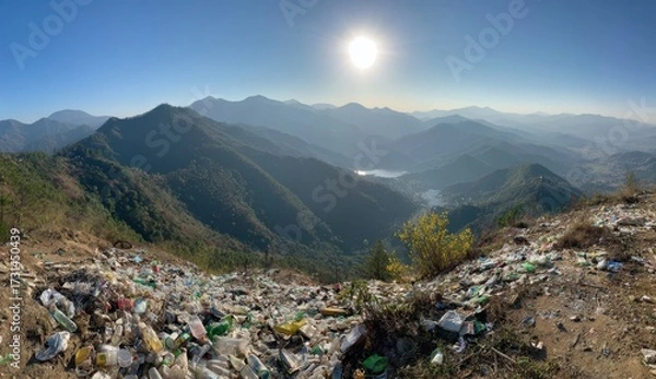 Fototapeta A breathtaking vista showcases rolling mountain ranges under a bright sun, with a foreground of discarded debris.