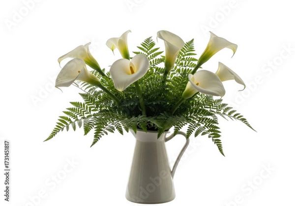 Fototapeta Elegant white calla lily and fern arrangement in a cream pitcher isolated on transparent background