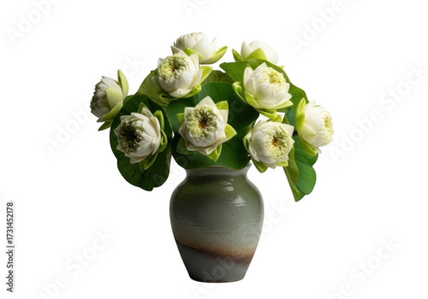Fototapeta A beautiful bouquet of white lotus flowers arranged in an elegant vase isolated on transparent background