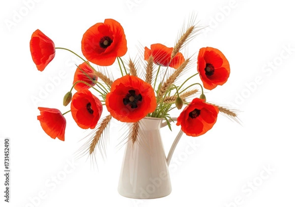 Fototapeta A beautiful bouquet of vibrant red poppies in a white ceramic pitcher isolated on transparent background