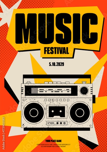 Fototapeta Vintage music festival poster template design. A retro boombox maximalism style with a grunge texture and geometric shape
