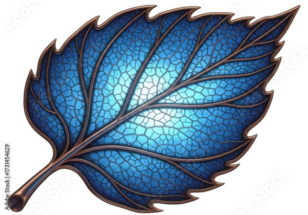 Fototapeta Intricate blue stained glass leaf with metallic veins isolated on transparent background