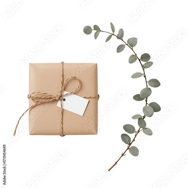 Fototapeta Minimalist Gift Presentation: Brown Paper Package and Eucalyptus Branch on Black Backdrop