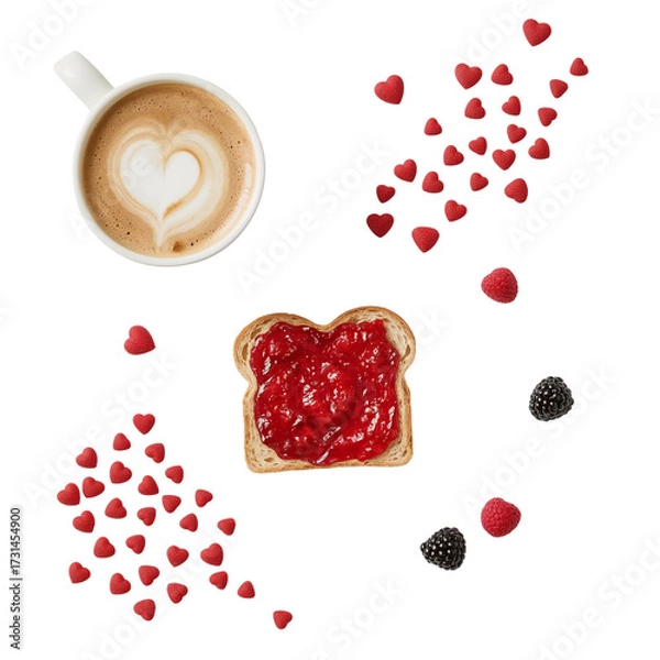 Fototapeta Heartfelt breakfast still life: cappuccino with latte art and toast with vibrant raspberry jam
