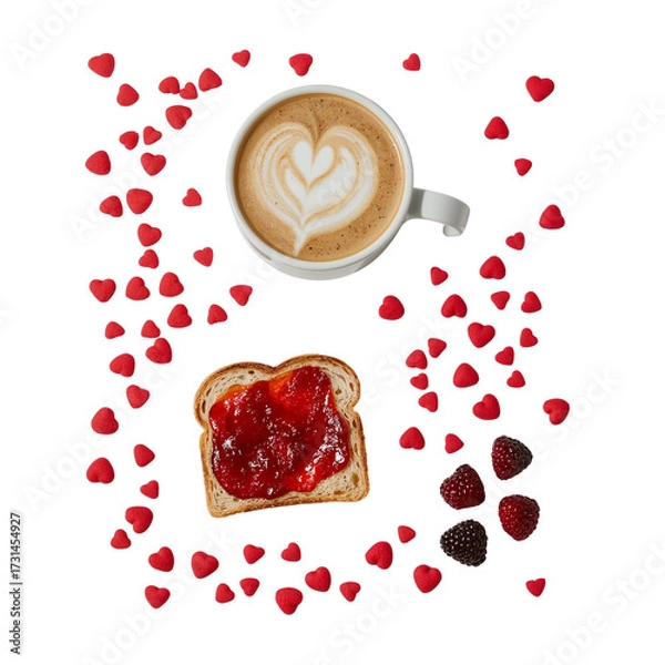 Fototapeta Heartfelt coffee art, toast with vibrant spread, and scattered candies on pitch-black canvas