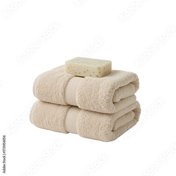 Fototapeta Soft luxury with stacked towels and soap for spa relaxation and personal care