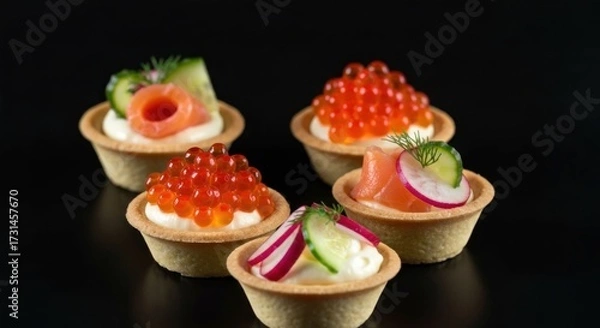 Fototapeta Assortment of small, elegant tarts filled with salmon, caviar, and cream