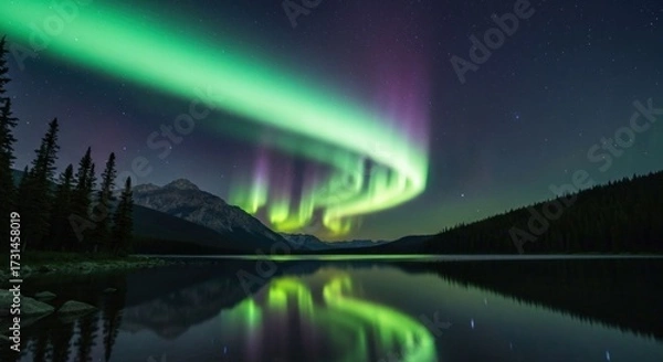 Fototapeta Aurora borealis reflecting on a calm lake