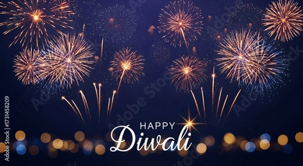 Fototapeta ​A Happy Diwali Night Scene With Golden Fireworks And A Bokeh Effect In The Foreground And Sky
