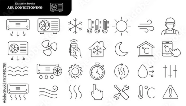 Fototapeta Air conditioning line icon set. Air conditioner, fan, wind, cooling and heating appliance, air cleaner, climate control, blow and more. Outline icon in linear style. Vector collection
